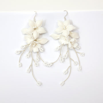 White Flower Floral Vine Earrings, Long Bridal Jewelry Bridal Earrings Crystal Bridal Earrings Statement Earrings Cz